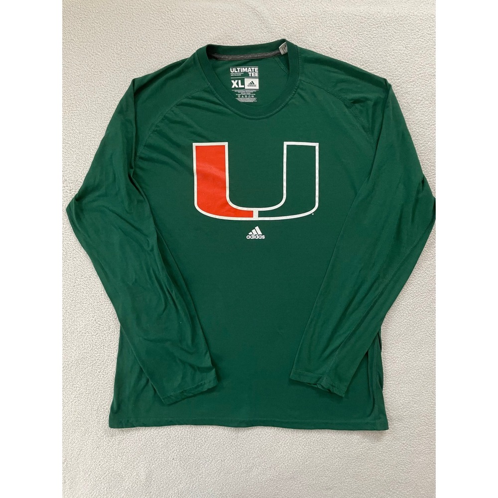 Adidas Mens Extra Large Long Sleeve Shirt Green Miami Hurricanes Climalite Tee